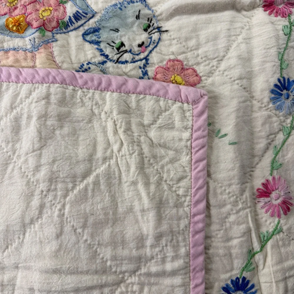 VTG Handmade Baby Quilt Nursery Crib Cream Pink Hand Embroidered Cat Dog 33x42